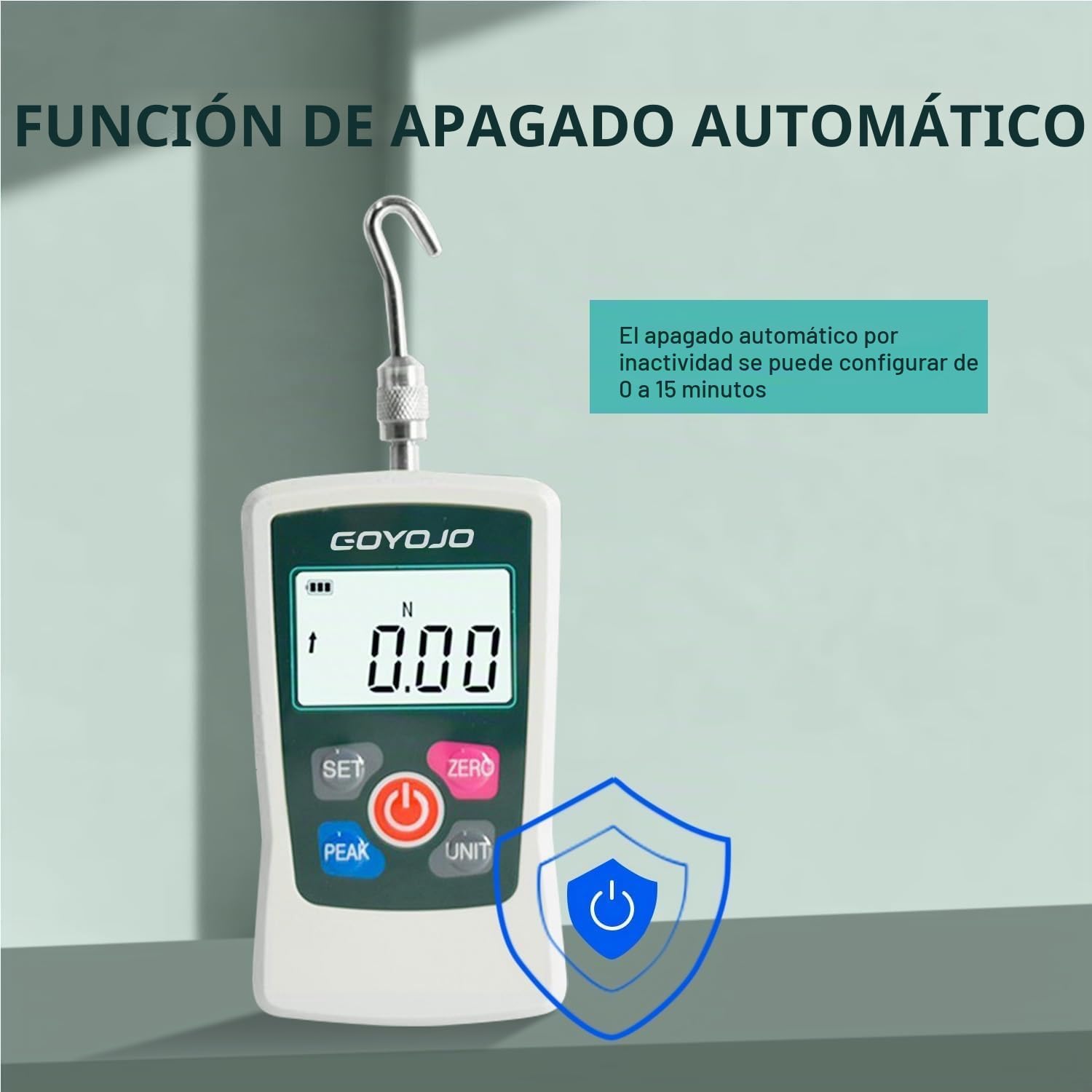 GOYOJO Medidor de Fuerza Digital, Dinamometro Push-pull de Alta Precisión para Ensayos de Tensión y Compresión Unidades (N, kg, lb, oz) Modos Tiempo Real/Pico/Primer Pico para Control de Calidad (50N)