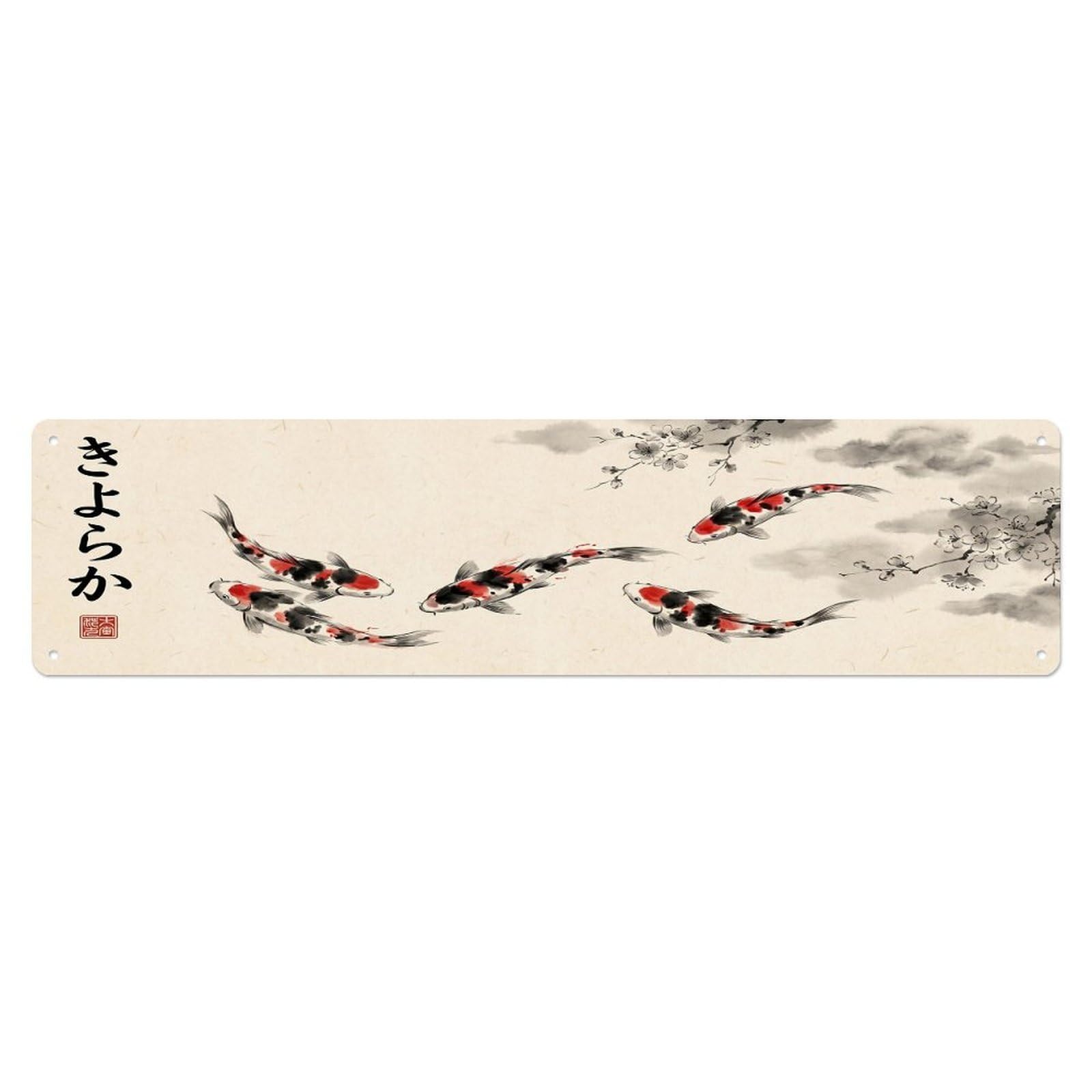 Olhnbad 4X16inch(10X40cm) Vintage Koi Fish Japanese Blossom Artwork Metal Tin Sign