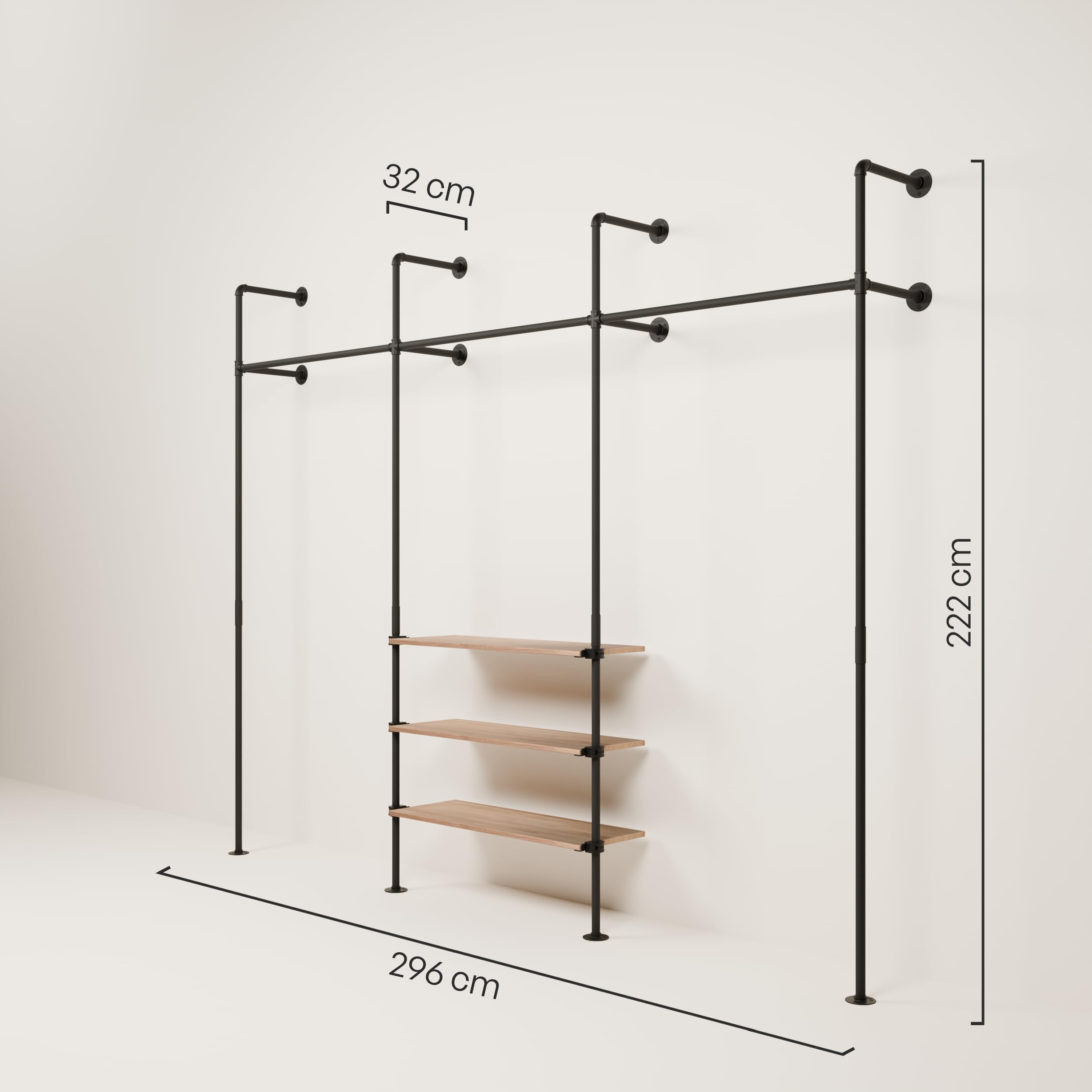 pamo appendiabiti da muro in stile industriale con ripiani in rovere – 296 x 222 x 32 cm – guardaroba aperto o porta abiti nero in metallo con tubi d’acqua per casa e negozio
