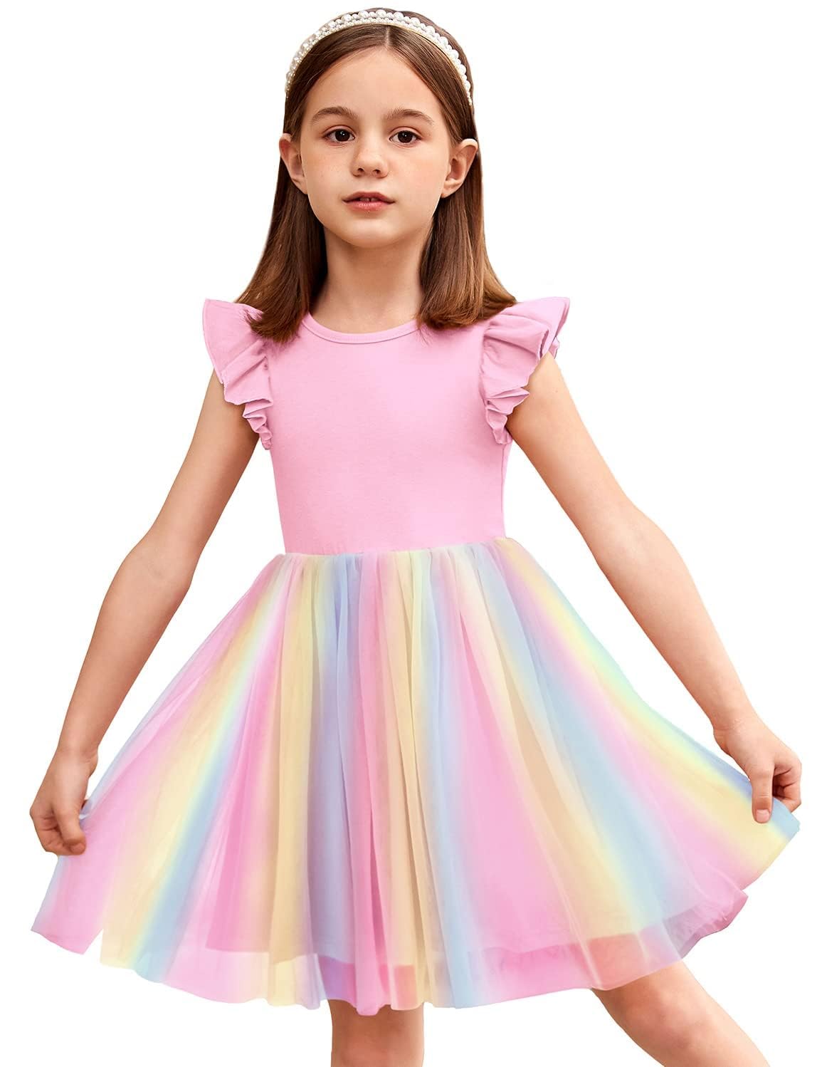 Arshiner Mädchen Kleider Kleinkind Tüllkleid Fliegenden Ärmeln Prinzessinenkleid Festlicheskleid Tutu Kinderkleid Baumwolle Partykleid Geburtstag Hochzeit Sommerkleid 2-7 Jahre