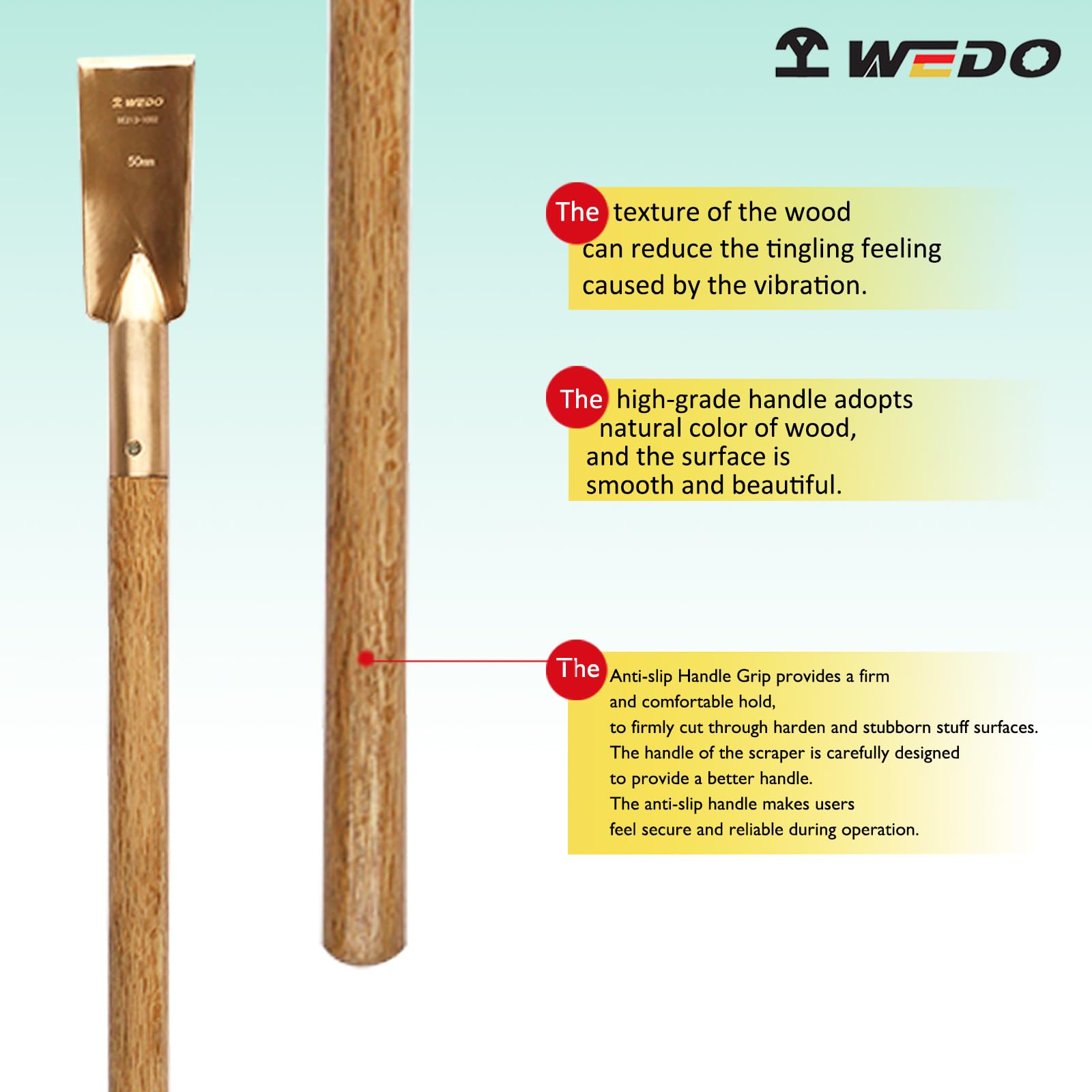 WEDO Narzędzie do skrobania nieiskrzącego, skrobak podłogowy ostrze w kształcie łuku 50 x 120 mm, długość 690 mm, miedź berylowa, niemagnetyczny skrobak do farb, certyfikat BAM/FM, szeroko stosowany w