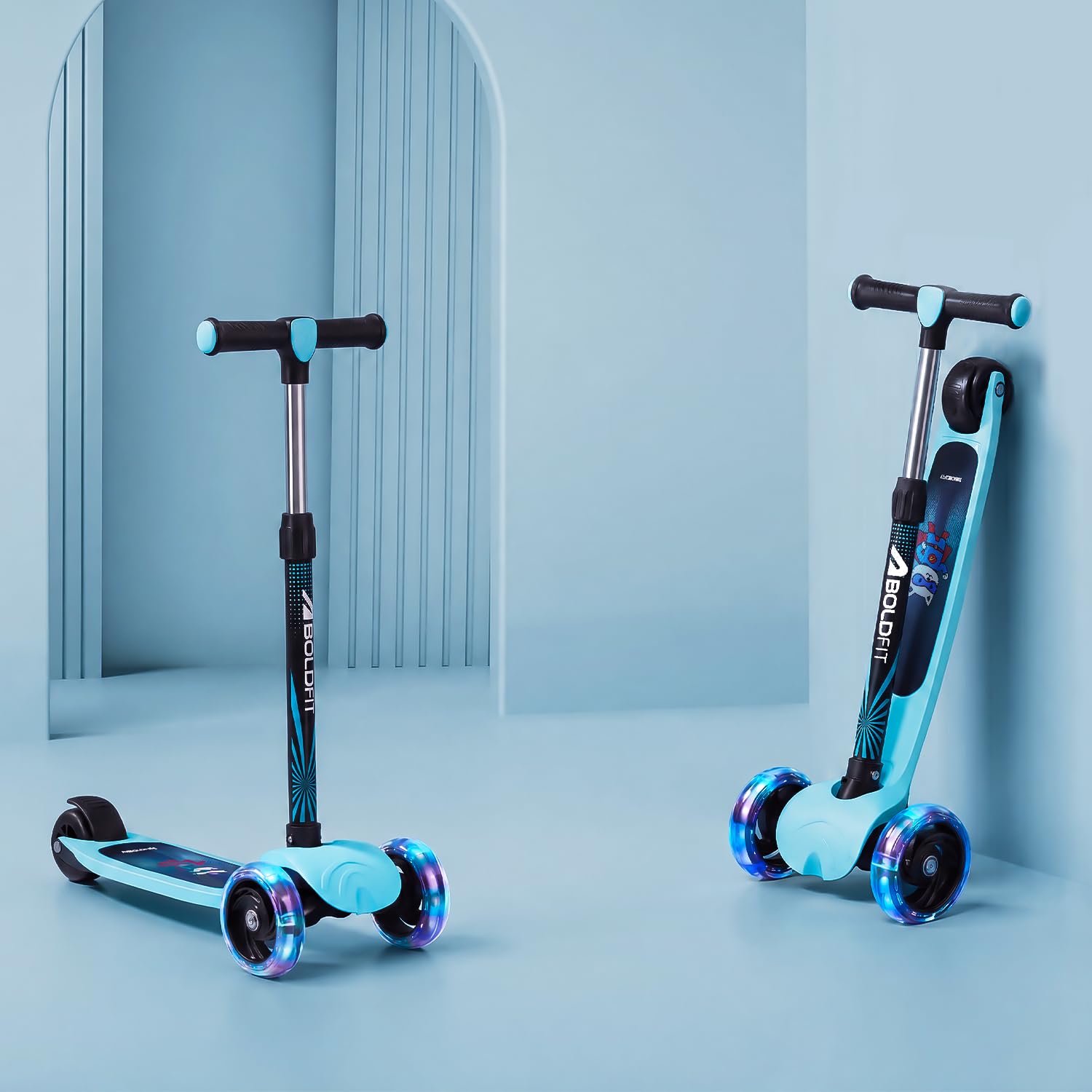 Boldfit Kids Scooter 3 Wheel Kick Scooty for Kids (Above 5 Years) Foldable 4 Adjustable Height Toys for Boys & Girls, Safe Skate Scooter with LED Wheels & Birthday Gift Max Weight 50 Kg, ZigFold-Blue