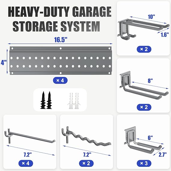 Garage Tool Organizer Wall Mount 64 inches with 13 Adjustable Heavy-Duty Hooks (Grey)