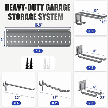 Garage Tool Organizer Wall Mount 64 inches with 13 Adjustable Heavy-Duty Hooks (Grey)