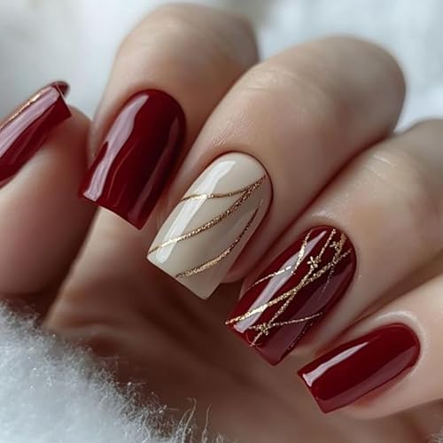 Medium Square Press on Nails Burgundy Gold Foil Fake Nails