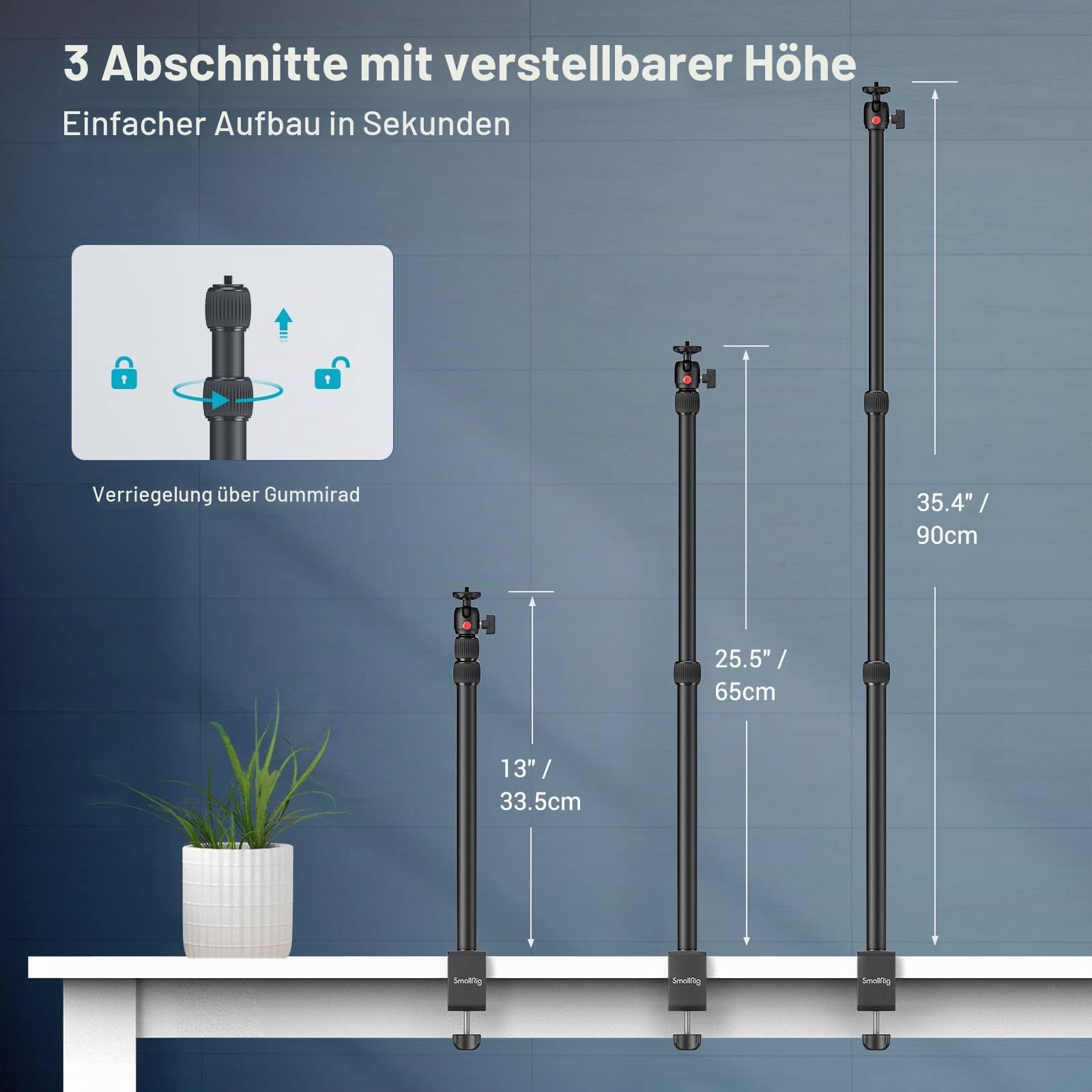 SMALLRIG Kamera Light Stand Tischstativ Lichtstativ mit 1/4"-20 Kugelkopf, 13"-35,4" verstellbares Tablet Halterung, Klemme für DSLR Kamera, Ringlicht, Live Streaming, Video Aufnahmen - 3488