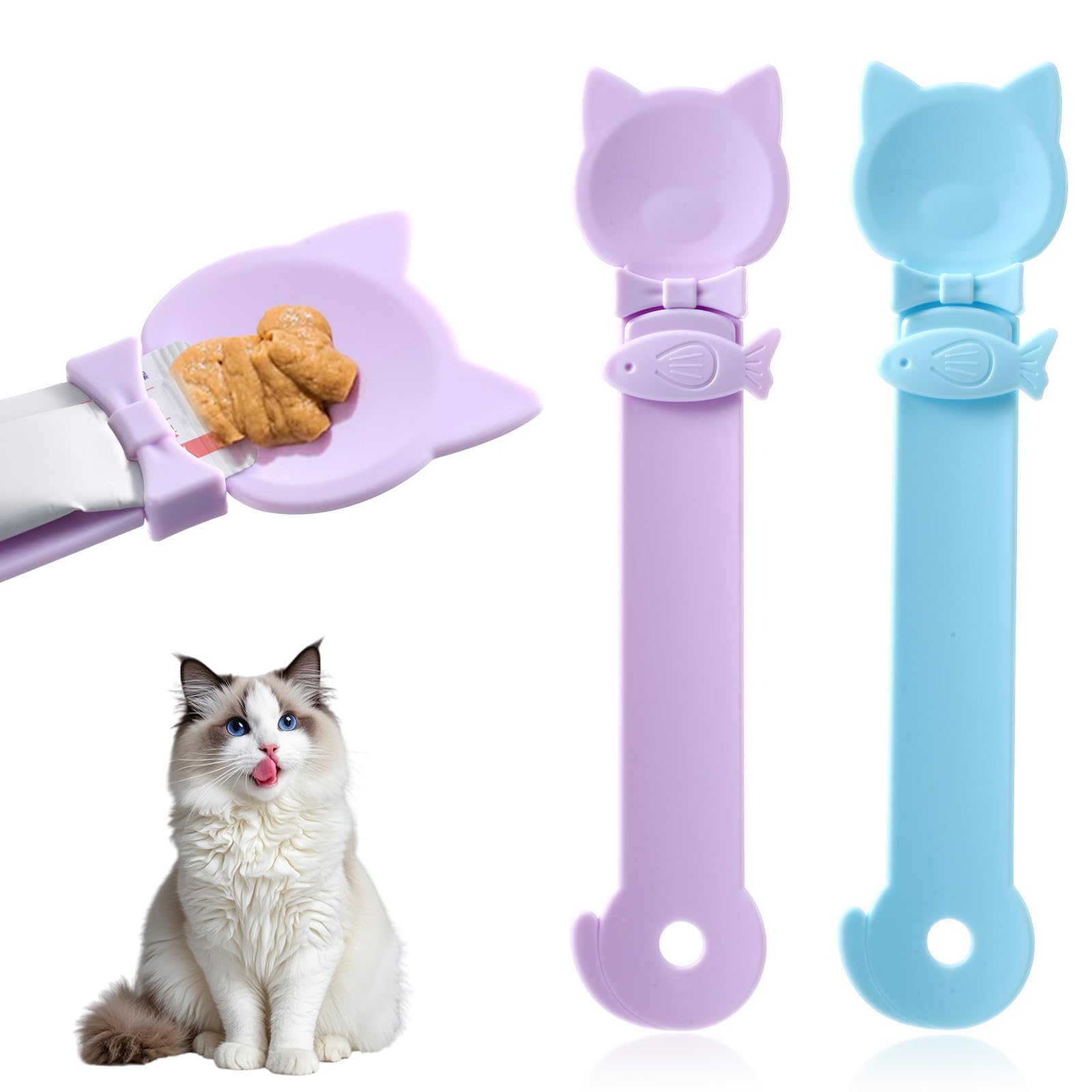 Muiltvoe 2 Pcs Cat Treat Spoon, Plastic Cat Treat Squeeze Dispenser Lickable Cats Strip Feeders Multifunctional Pet Feeding Supplies for Licky Treats Wet Food (Blue Purple)