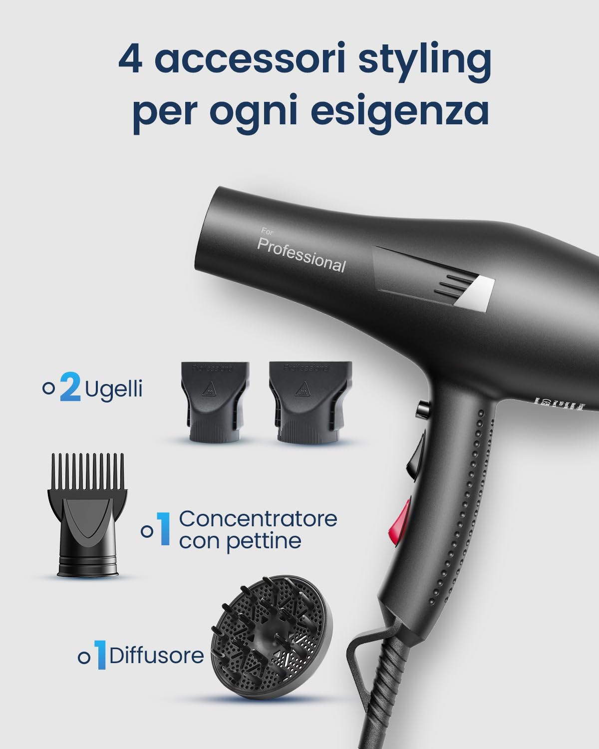 Asciugacapelli Professionale 2000W, Phon Capelli Ionico 130 Milioni Anti-Crespo, Luce Blu, 4 Accessori per Capelli Ricci e Lisci