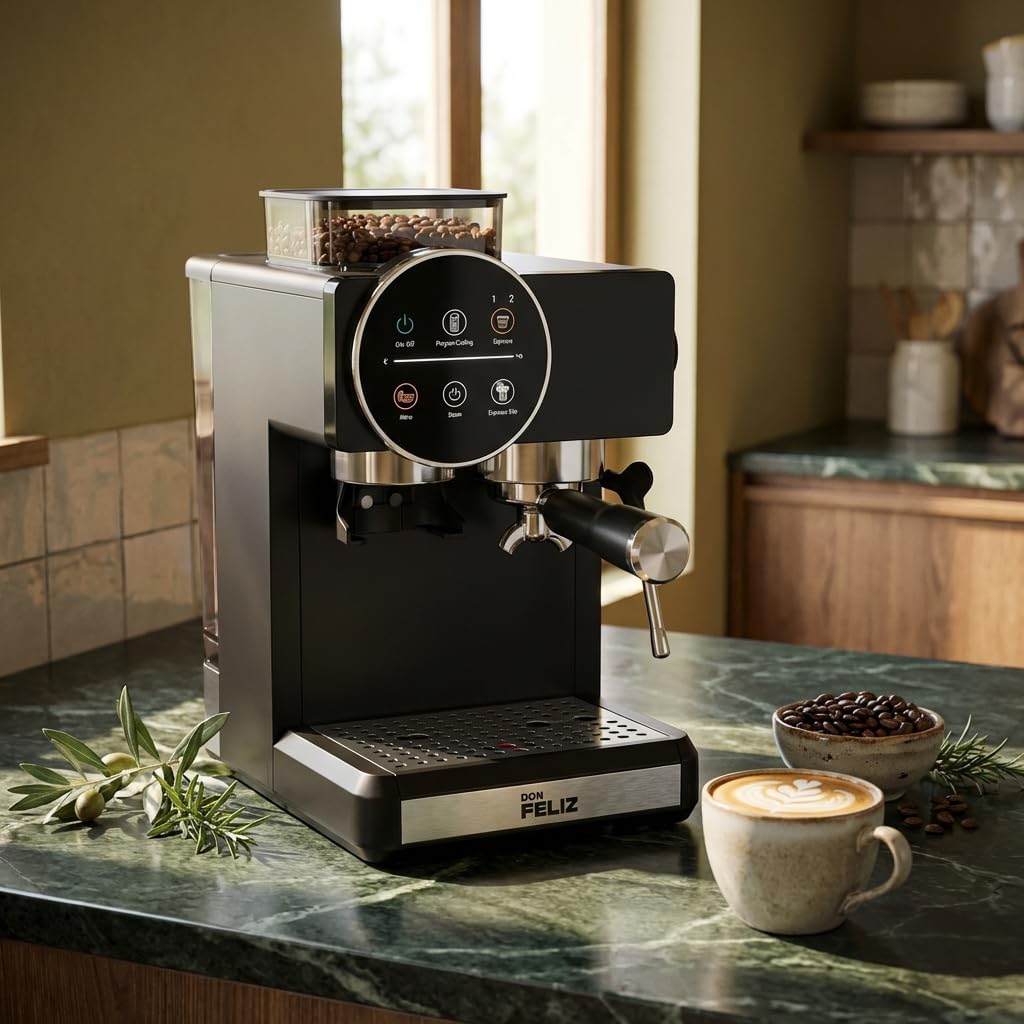 Don Feliz Cafetera Superautomática con Molinillo Integrado, 20 Bar, 1350W, Depósito 1.8L, Vaporizador de Leche, Portafiltro 51mm, Panel de Control Táctil