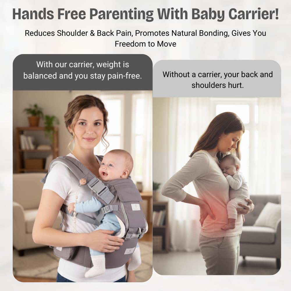 6 in 1 Hip Carrier for Baby - Easy to Wear Ergonomic Front Facing Baby Carrier with Hip Seat for 7–44 lbs - Baby Harness with Back Support, Breathable & Adjustable for Comfortable Travel - Grey
