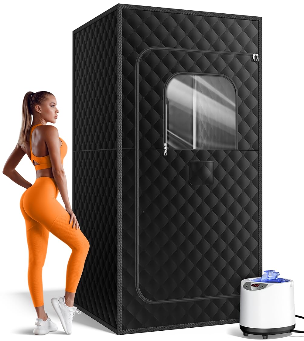 Saunakiste, tragbare Sauna für Zuhause, persönliches Dampfsaunazelt mit 1200 W 3L Dampfgarer, 15 Stufen, Fernbedienung, Faltbarer Stuhl, gemütliche Größe 91,4 x 91,4 x 180,3 cm, Schwarz