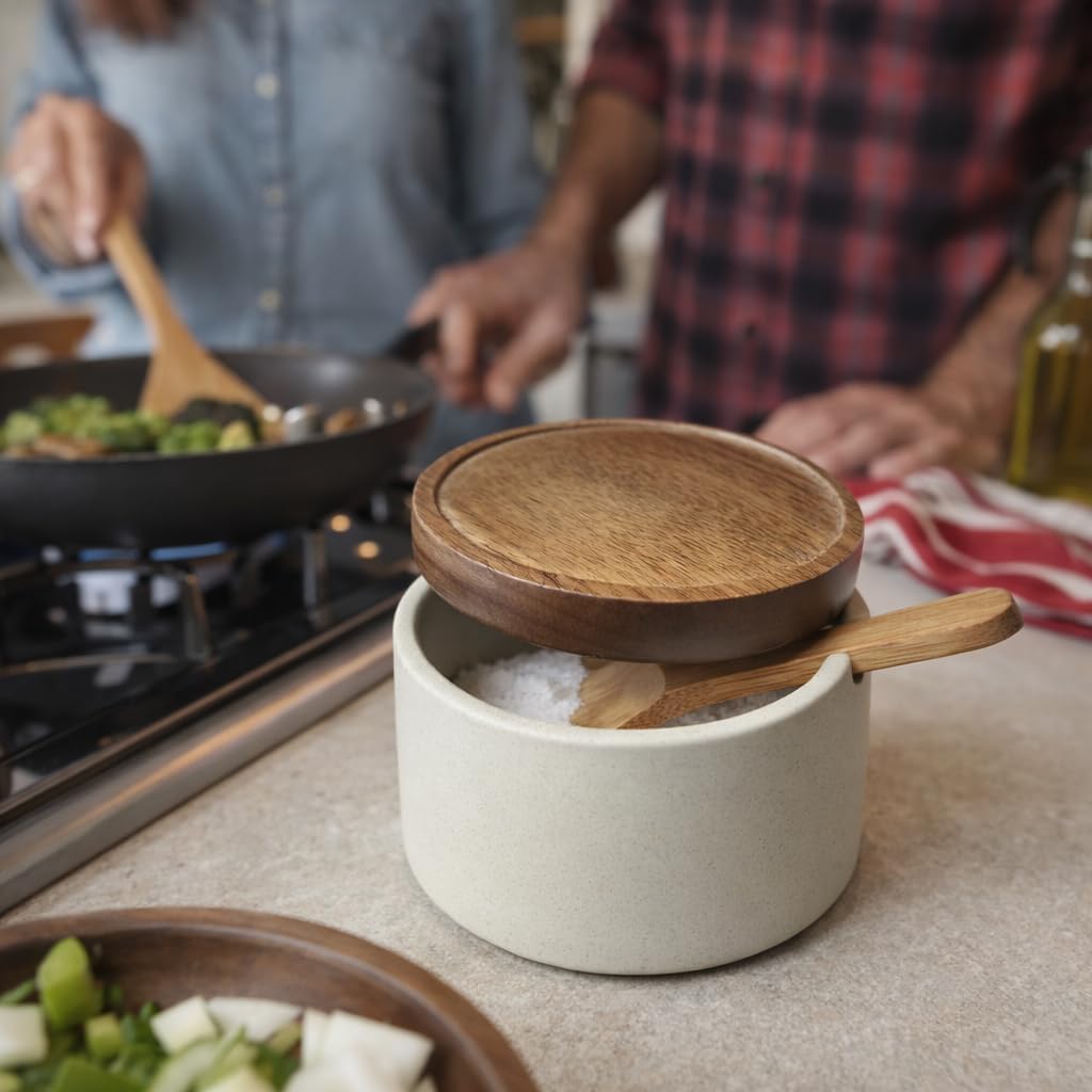 Handmade Ceramic Salt Cellar with Acacia Wood Lid & Spoon - 3.5" Wide Mouth Kitchen Jar for Salt, Spices, Sugar, Pepper - Modern Countertop Storage Container, Keeps Seasonings Dry, Elegant Home Decor
