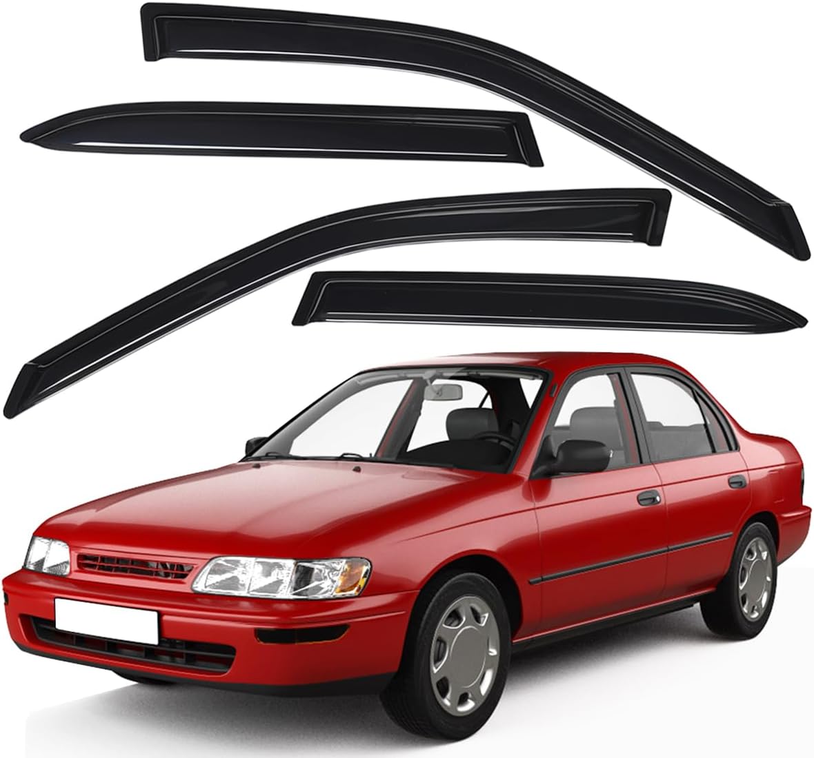 Lightronic Extra Durable Outside Mount Auto Vent Window Visor, Fits 1998-2002 Toyota Corolla Sedan & Chevrolet Prizm, UV Protection Rain Guard, Smoke Original Wind Deflector, No-Drill Install, 4-Pcs
