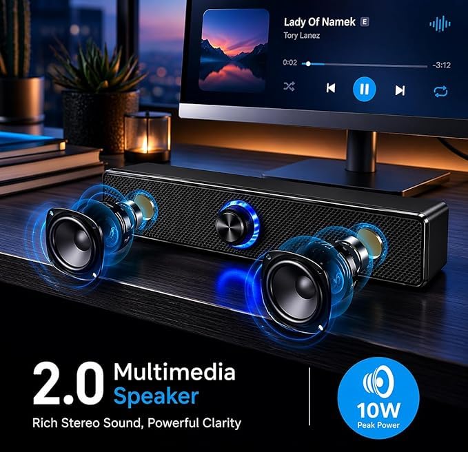 Image of 10W USB Powered Soundbar Speaker for PC, Laptop & Desktop, 2.0 Channel Stereo, 52mm Dual Drivers, AUX 3.5mm Input, Plug & Play with Volume Control | Black