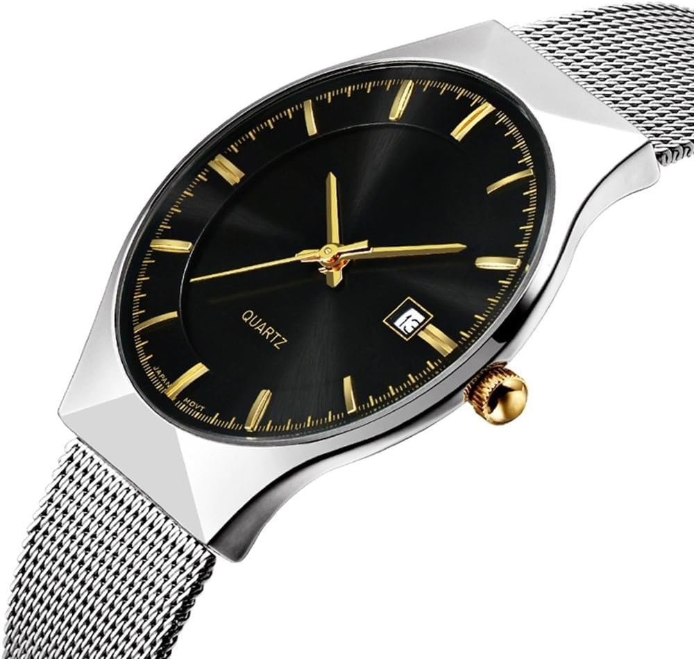 Herrenuhr, ultradünnes Edelstahl-Mesh-Band, modische Armbanduhr mit Datumsanzeige, wasserdicht, elegante Geschenkbox