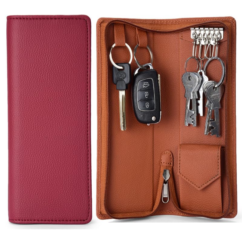 PU Leather Key Pouch Case Wallet Keychain Holder for Men & Women - Durable Bank Locker (KH-42414-BRN-Cherry)-image-14