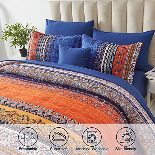 Image of Cottolester Boho Comforter Set Queen Size 8 Piece Bed in a Bag Burnt Orange Paisley Fall Comforter and Sheet Set Bohemian Striped Bedding Set,Soft Microfiber Complete Bedding Set