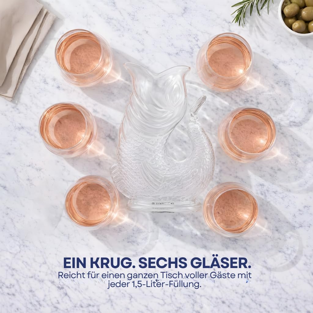 Wasserkaraffe Borosilikatglas in Fischform - 1,5 L - Fisch Karaffe mit Gluckergeräusche für lustiges ausgießen von Wasser, Wein & mehr - Karaffe Fisch – Fischkrug