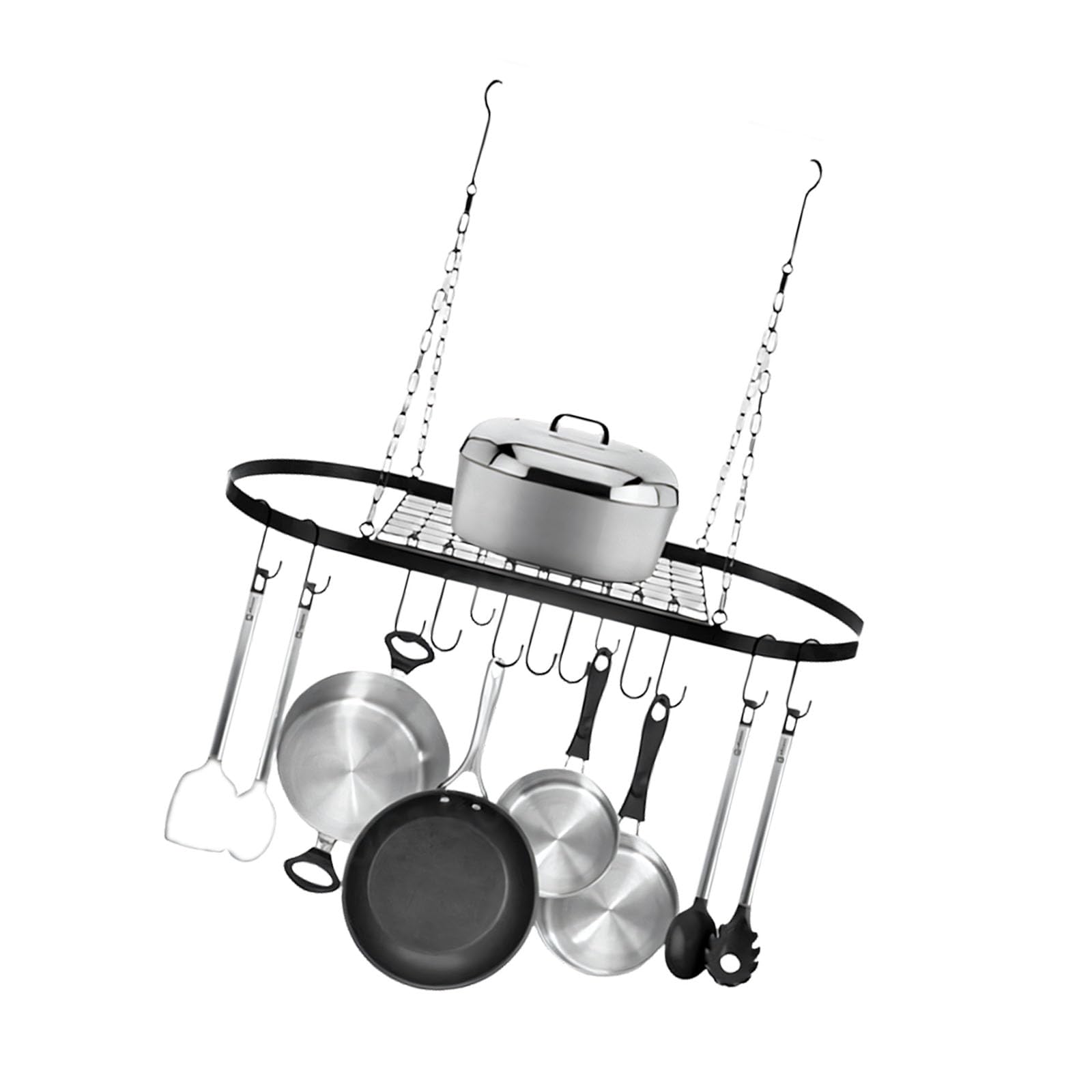 Tsophreniq Space Saving Oval Iron Hanging Shelf for Cookware in Small Kitchens Compact Black Ceiling Rack with Adjustable Hooks for Kitchen Storage