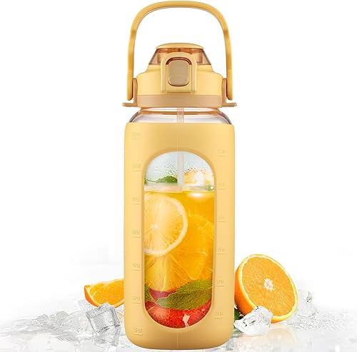 BLUEGO Botella de agua de vidrio de 64 onzas, botella de agua motivacional con marcador de tiempo y pajilla, botella de agua de boca ancha de medio