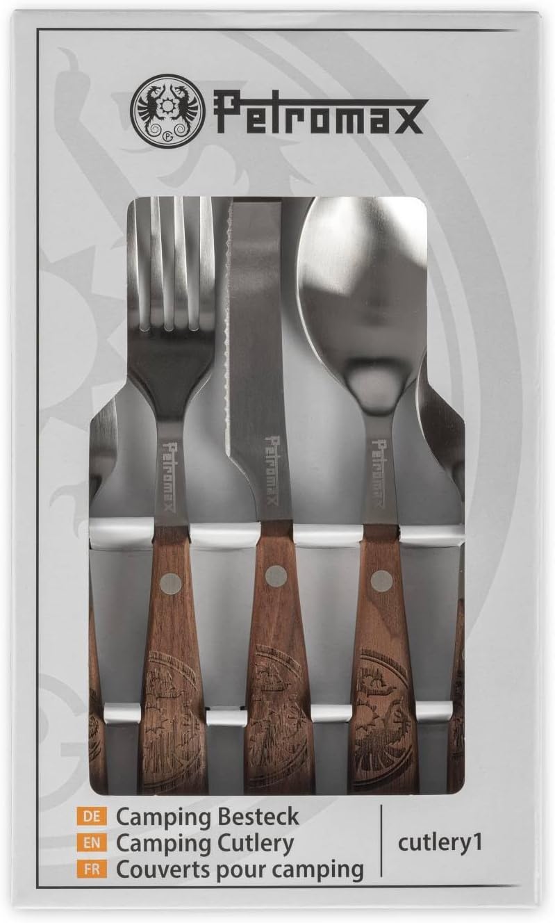 Petromax 5-Piece Camping Cutlery Set, Durable Stainless Steel Silverware with Walnut Wooden Handles, Portable Reusable Flatware for Travel and Backpacking