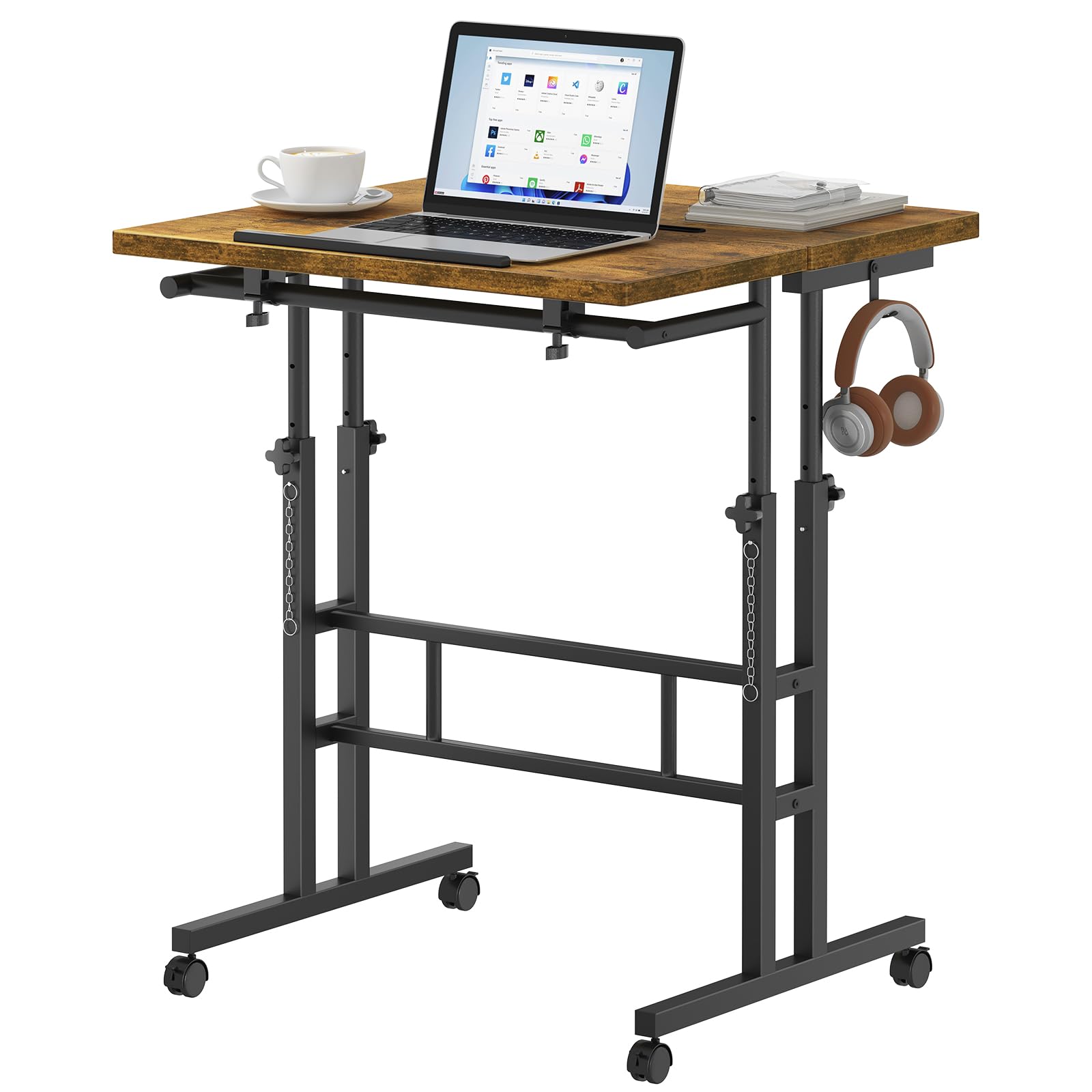 DUMOS Split Top Rolling Standing Desk, 23.6 Inch Mobile Laptop Computer Desk, Manual Adjustable Height Workstation on Wheels, Sit Stand Office Table,