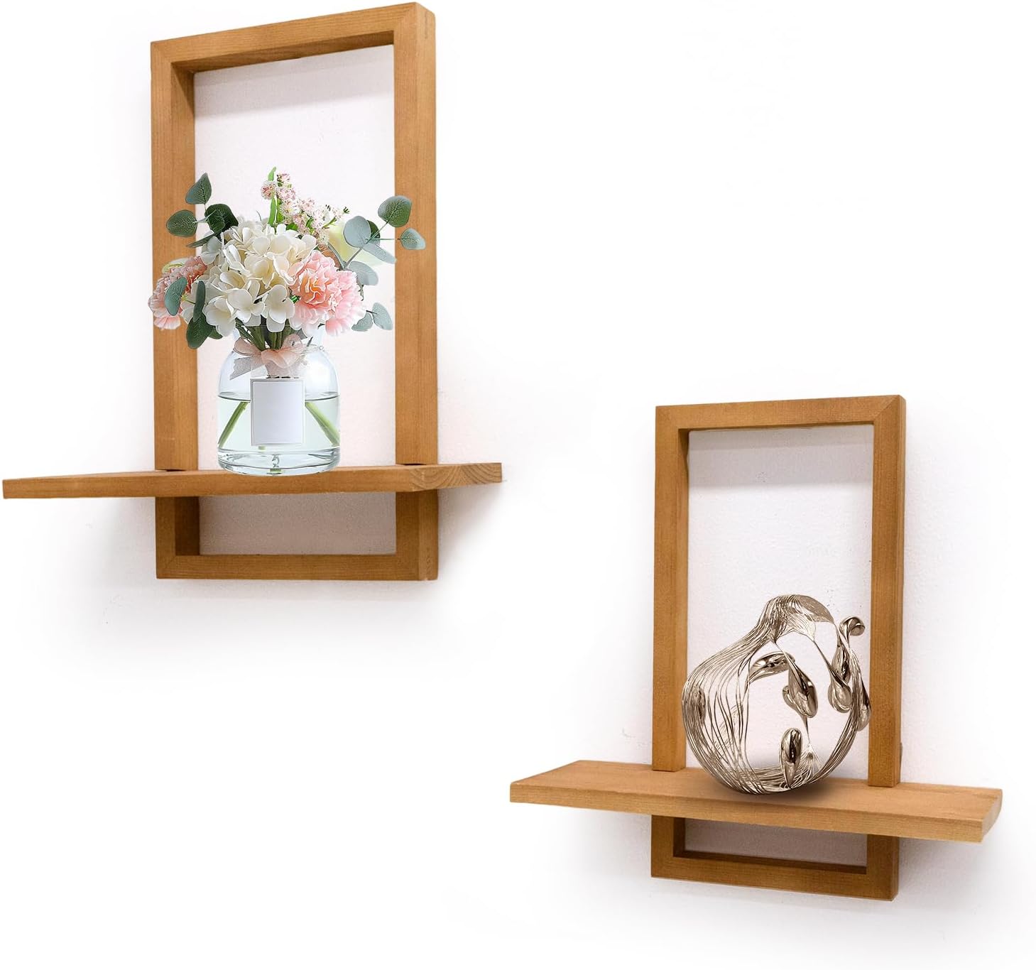 Square Floating Shelves for Wall, Solid Wood Framed Decorative Wall Mounted Shelves Set of 2 (Large & Small), Heavy Duty Modern Storage Display Shelves, Bathroom, Living Room, Kitchen, Home Office
