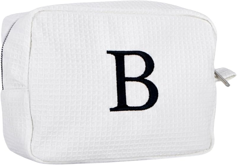 Necessaire branca de tecido texturizado com zíper GOPHIE, bordado de inicial, modelo B, 1 unidade