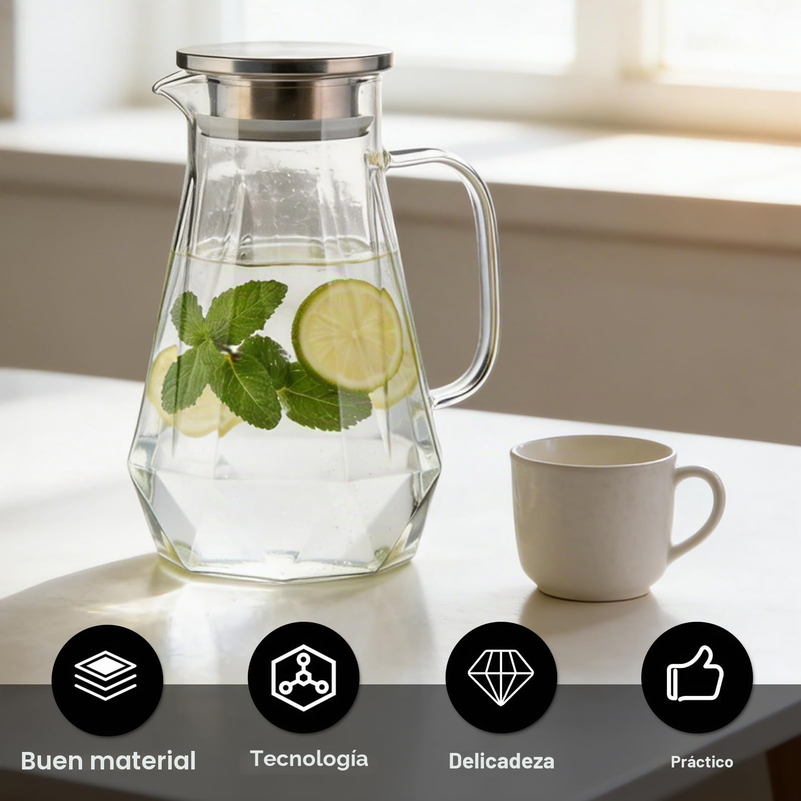 Jarra de cristal, jarra de agua de 1,5 l, jarra de agua, jarra de cristal con tapa, mango y estructura de rombos, jarra de agua transparente y resistente al calor de vidrio de borosilicato para