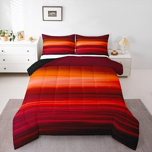 Juego de edredón con estampado rojo, juego de ropa de cama de color atardecer, edredón de rayas exóticas tropicales rojas para niños y niñas, juego