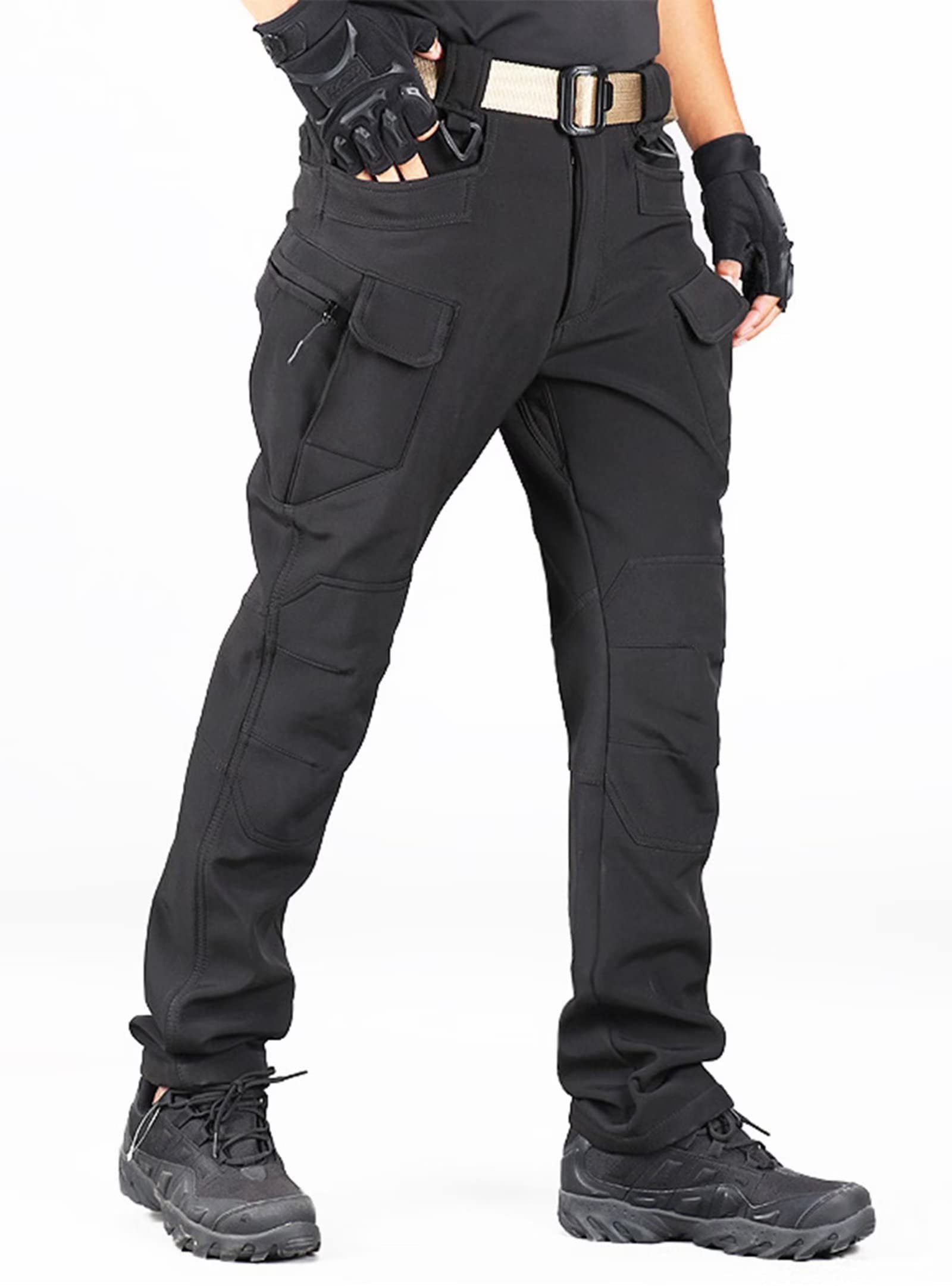 Mens Softshell Work Trousers, Waterproof Cargo Fleece Lined Pants, Ski Hunting Golf Hiking Tactical Trousers with Pockets Black
