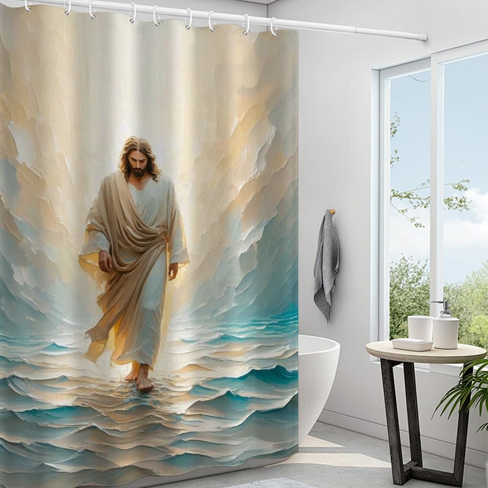 Christian Shower Curtain Jesus Walking on Water Christian Home Decor Jesus Picture LDS Art Painting Christ Shower Curtains Bible Verse Religious Art Bathroom Decor Set 72"x72"