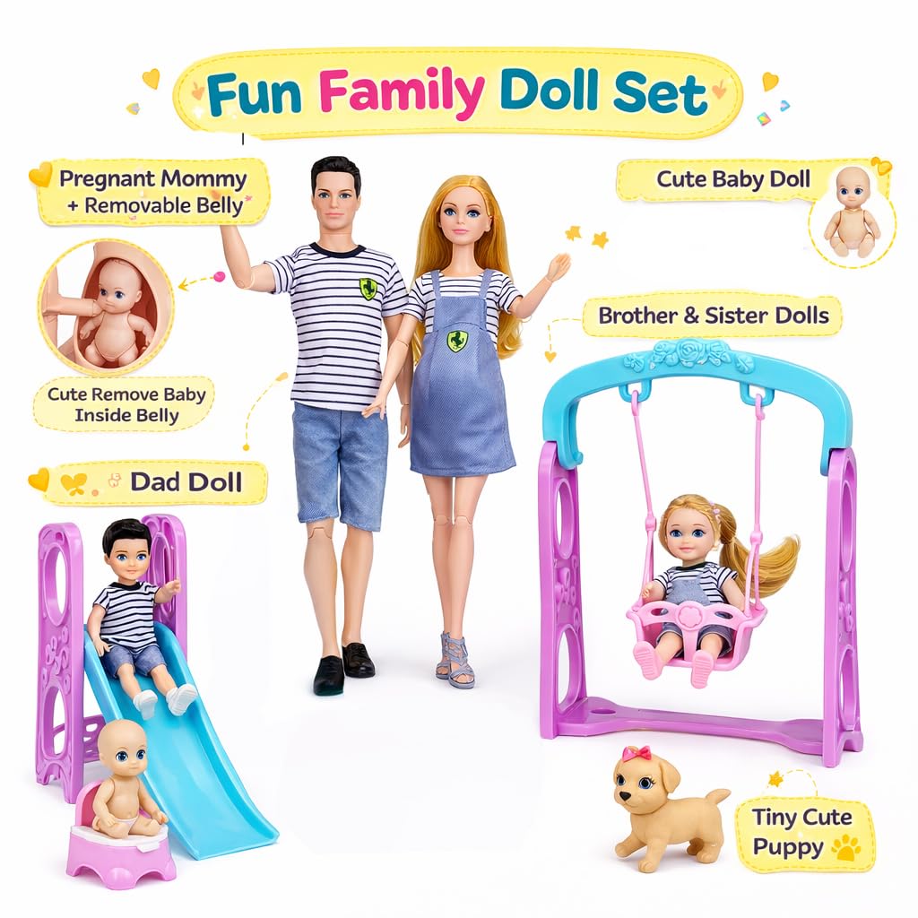 Familydolls Family Dolls Set Of 6 People With Pregnant Mom Dad 3 Kids And Baby Boy In Mommy'S Tummy, Doll Playsets And Accessories For 3-12 Years Old Toddlers Gift(Update, Grey