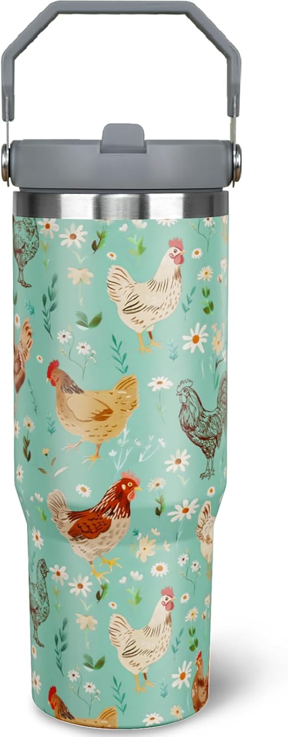 30oz Chicken Tumbler with Handle and Straw, Green Chicken Stainless Steel Vacuum Insulated Flip Straw Coffee Cups Spill Proof Travel Mug, Chicken Rooster Decor Stuff Gifts for Women Chicken Lover