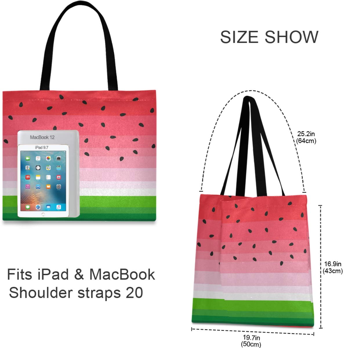 visesunny Women's Large Canvas Tote Shoulder Bag Watermelon Slice Top Storage Handle Shopping Bag Casual Reusable Tote Bag for Beach,Travel,Groceries,Books