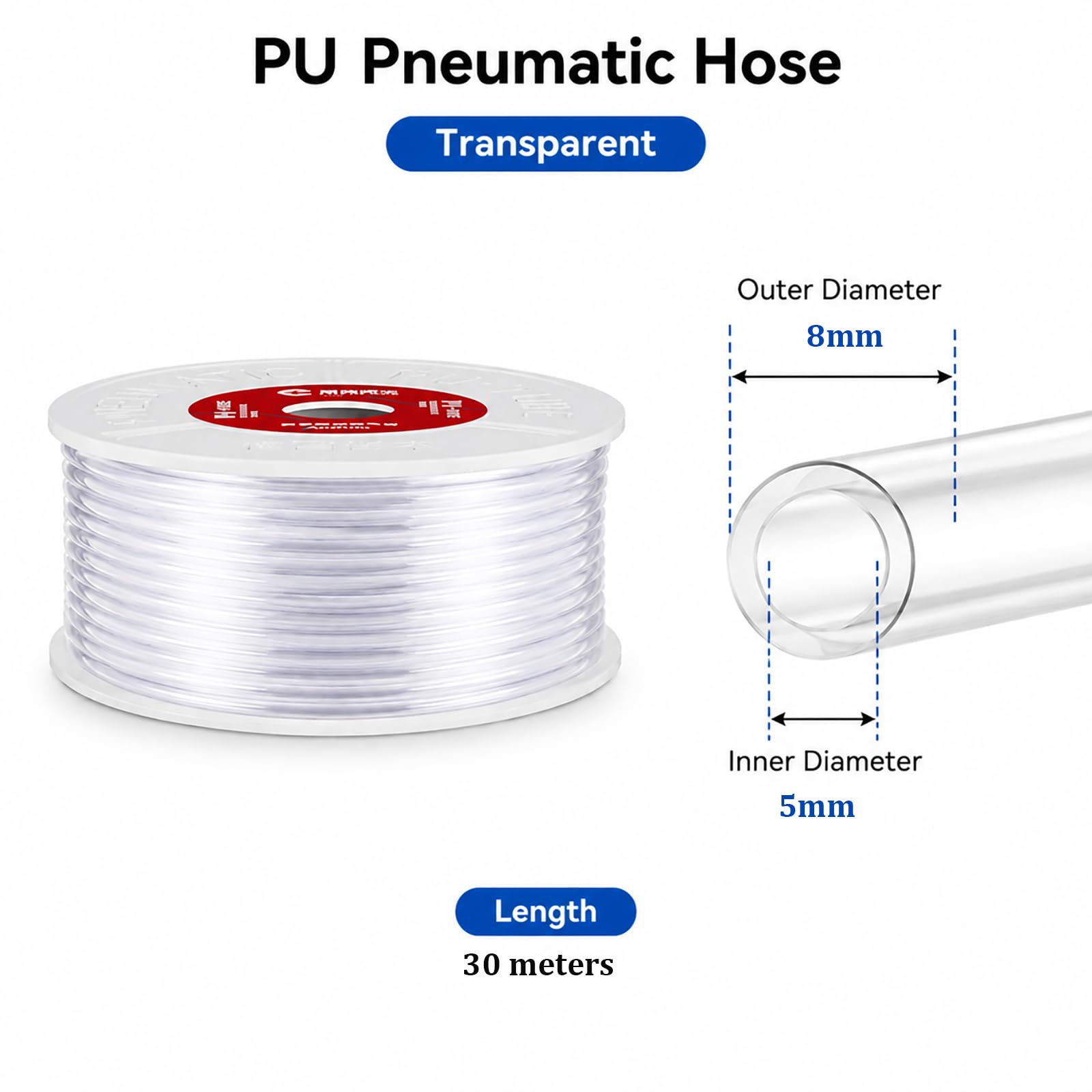 COYOUCO Tubo Pneumatico Trasparente in PU da 10-100m, 8mm Esterno x 5mm Interno | Flessibile, Resistente all'usura, Resistente alle pieghe, Alta elasticità, Facile da installare, Resistente alla temperatura