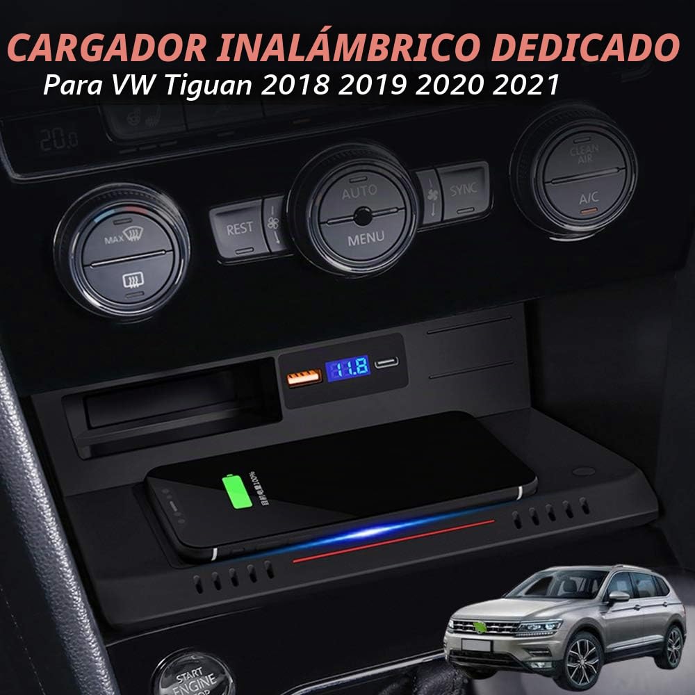Cargador Inalámbrico Coche Auto Compatible con VW Tiguan 2018 2019 2020 2021 Consola Central Panel, 15W Qi Carga Rápida Coche Teléfono Cargador con QC3.0 USB y 18W PD para iPhone Samsung