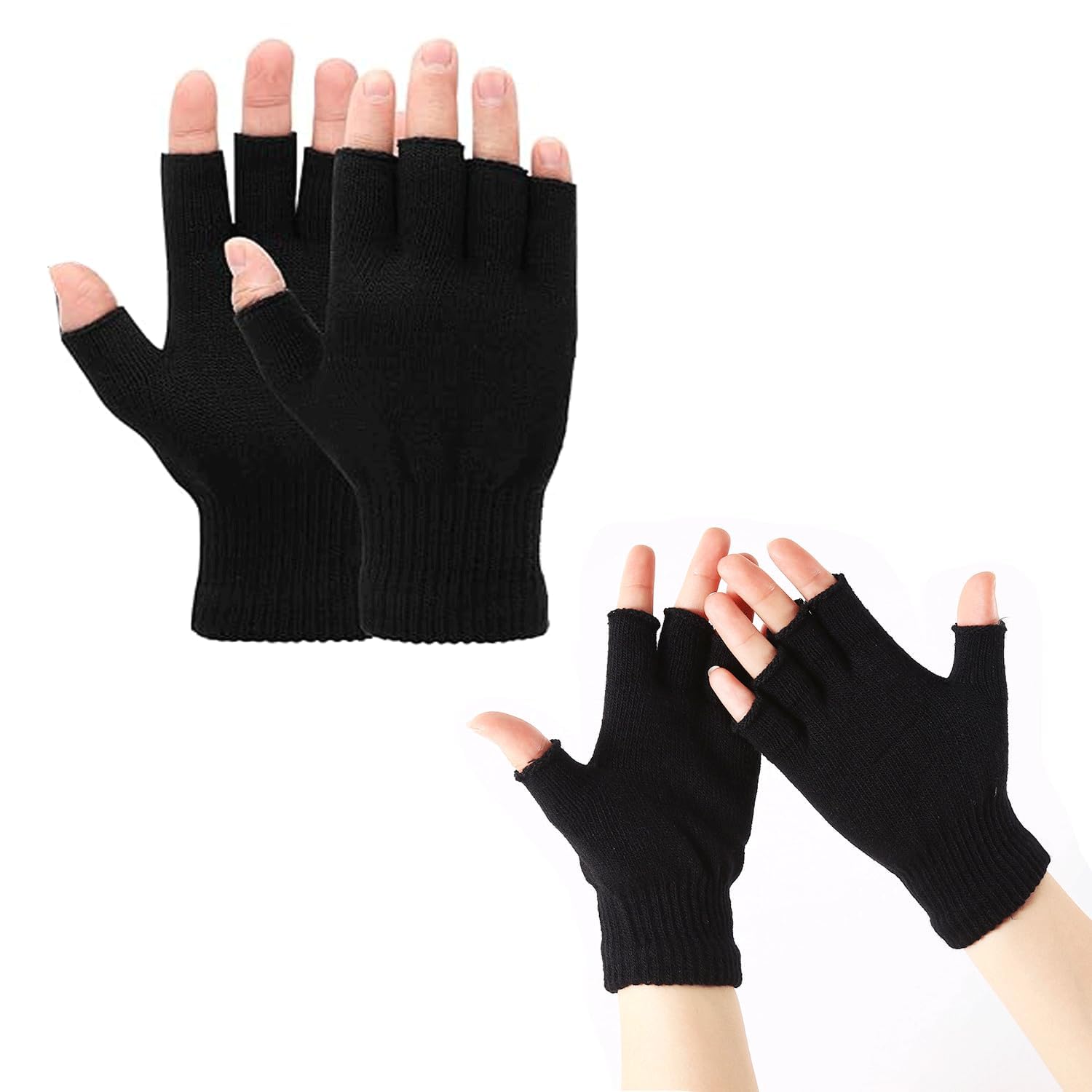 Paicreate 2 Pair Fingerless Warm Gloves - Thickened Knit Touchscreen Stretchy Mittens for Men & Women