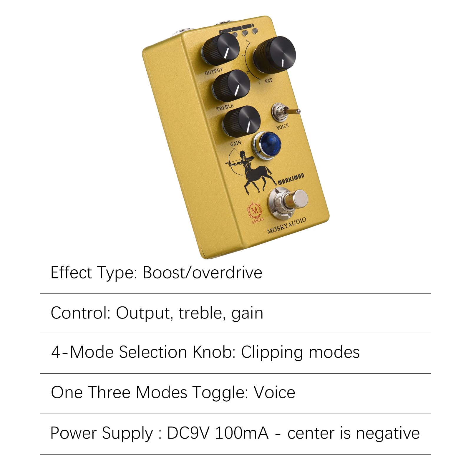 Pedał efektów MOSKYAudio Overdrive/przedwzmacniacz/wzmacniacz pedał efektów gitarowych 4 tryby przycinania przełącznik i wyjście/wysokie / sterowanie wzmocnieniem kompaktowy przenośny cyfrowy
