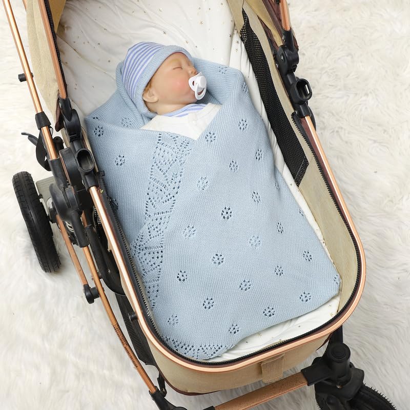 LAWKUL Cellular Blanket Baby 100% Cotton Knitted Soft Blankets Knit Crochet Newborn Swaddle Boy Girls Toddler 100x80cm Blue - Image 3