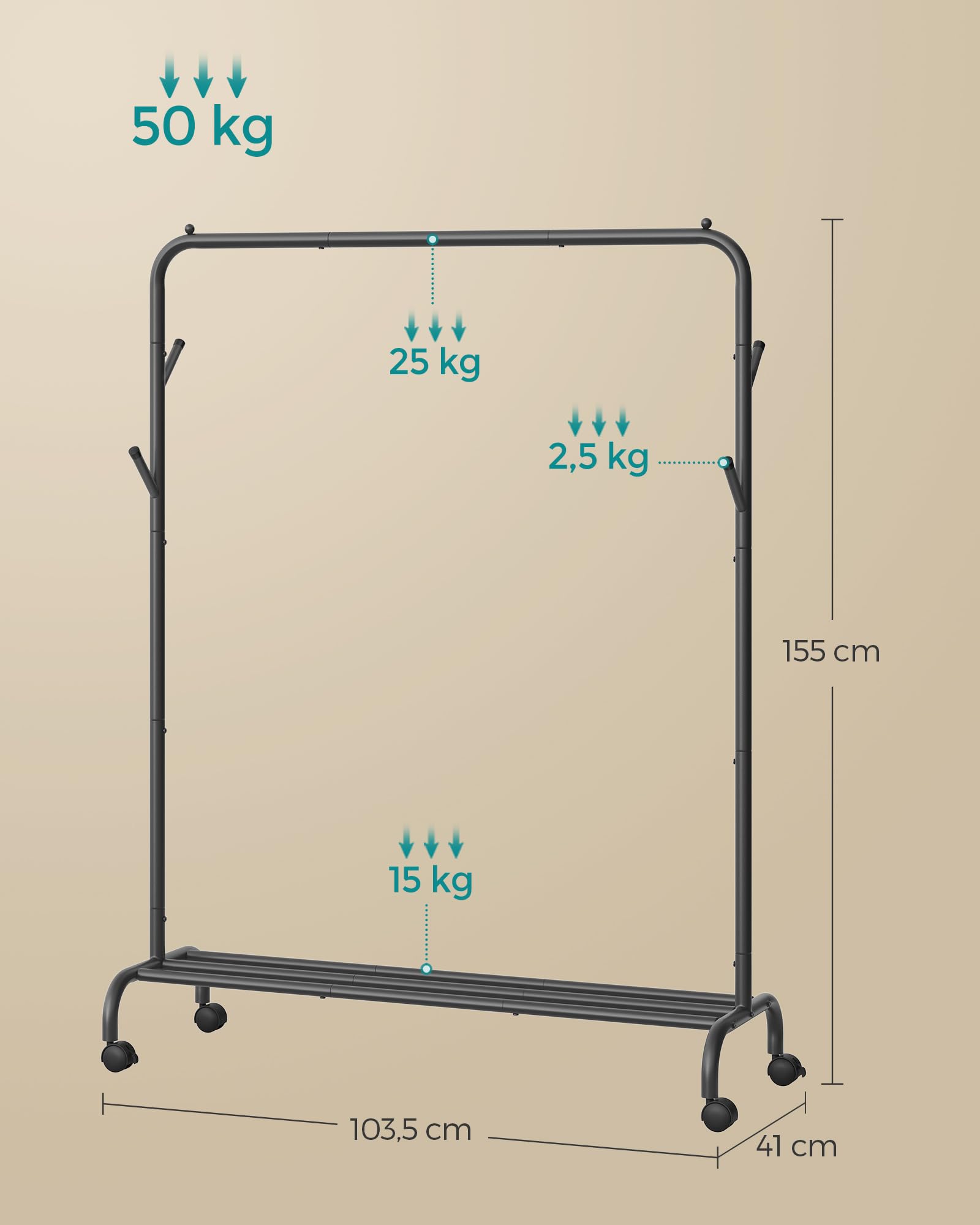 SONGMICS Wieszak na ubrania, wieszak na ubrania, pojedynczy wieszak na ubrania, wytrzymała metalowa rama, z kółkami i półką, maks. obciążenie 50 kg, szerokość 103,5 cm, przechowywanie odzieży, czarny