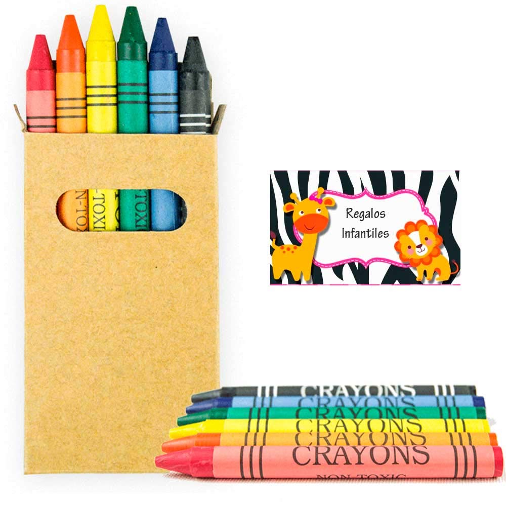 Lote de 100 cajas kraft con 6 ceras de colores cada cajita. Regalos para cumpleaños y eventos infantiles.