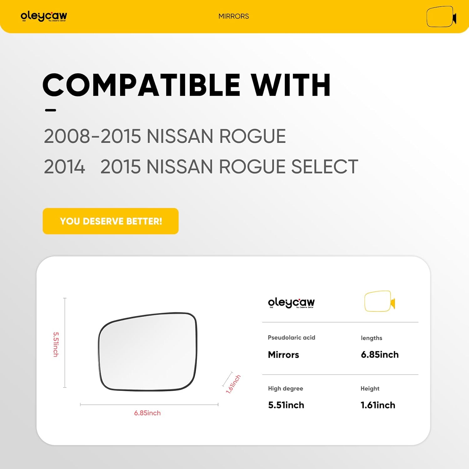 Compatible with Nissan Rogue Driver Side Mirror 2008 2009 2010 2011 2012 2013 2014 2015, Nissan Rogue Select 2014 2015, Left Side Mirrors Replacement Glass with Backing Plate, Power Heated