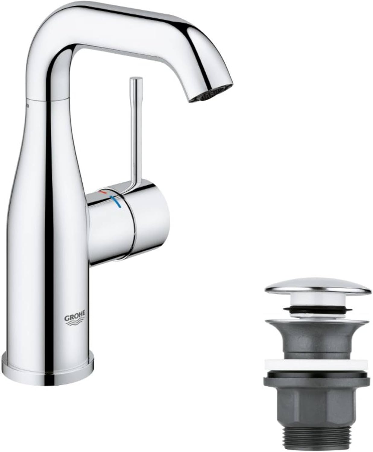 GROHE Essence Single-Lever Basin Mixer, M-Size, with Push-Open Pop-Up Waste Set, Metal Lever, Water-Saving, Swivel Spout, Chrome. Easy To Install. 23798001