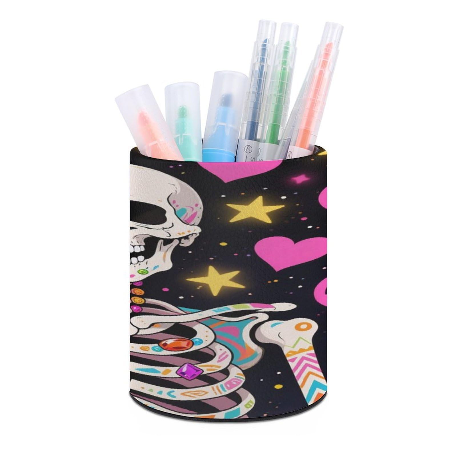 LDGSUPH Hippie Skull Round Pen Holder Leather Pen Cup Pencil Cup Pen Organizer Pencil Holder for Desk Organizer Pencil Organizers Makeup Brush Holders for Home Office Gift