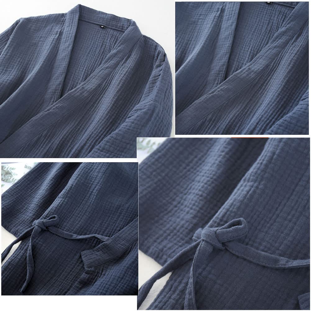 Kimono de estilo japonés para hombre, cómodo pijama de gasa de algodón, camisón transpirable de buen gusto, traje de vapor acogedor para la casa, pijamas XL (azul marino), Azul marino, X-Large