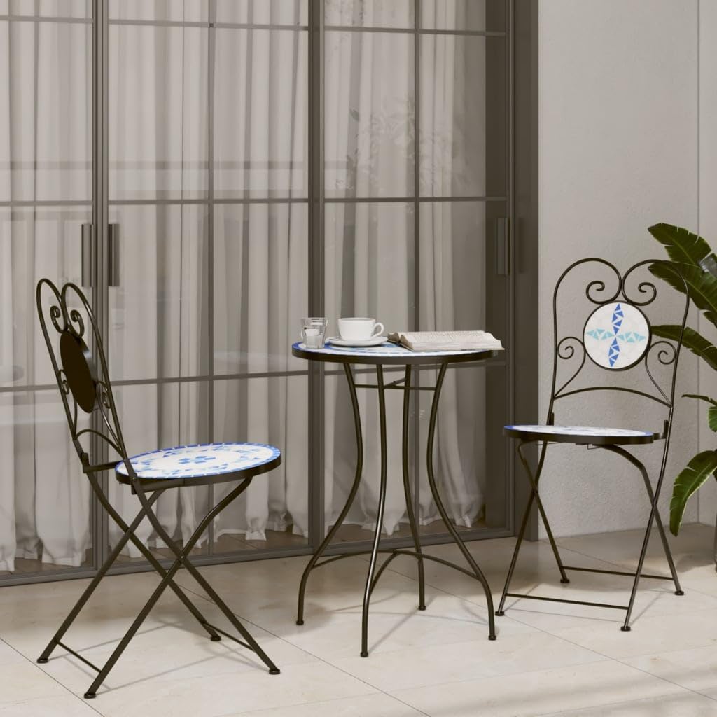 Tavolo da bistrot a mosaico blu bianco, diametro 50 x 70 cm, con piano in ceramica, stabile tavolo da giardino per balcone e terrazza