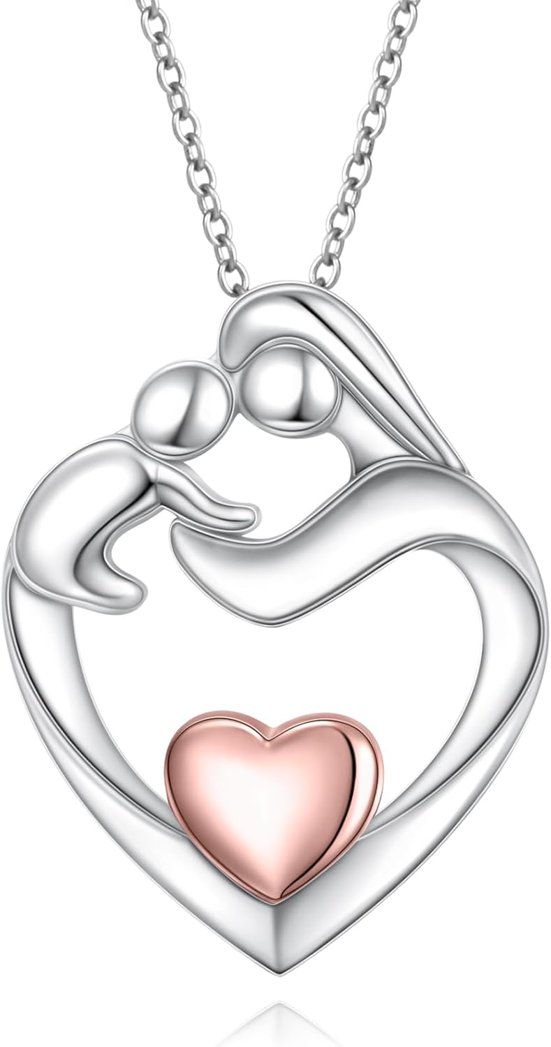 FLYOW Mothers Necklace 925 Sterling Silver Mother and Child Lab Opal Heart Pendant for Women Mother Daughter, Adjustable Hug Necklace New Mum Gifts