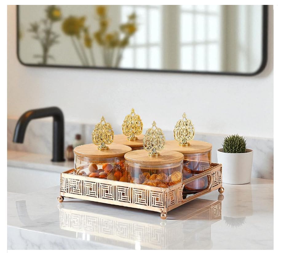 Image of Diwali 4 pcs Glass Dry Fruit Serving Tray Set | 600 ML Each, Premium Design, Air-Tight Lid, Metal Stand, Wooden Lid