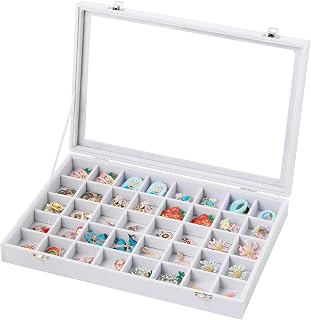 Frebeauty 40 Grid Earring Organizer,Velvet Jewelry Tray with Clear Lid | Drawer Jewelry Organizer for Rings Studs Beads,Adjustable Dividers,Dustproof,Earring Storage,Trinket Box,13.8×9.5Inches
